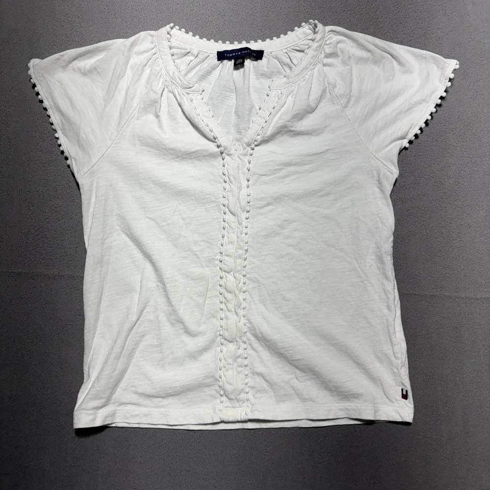 Tommy Hilfiger Womens White Pom Pom Trim V-Neck Cotton Top XS